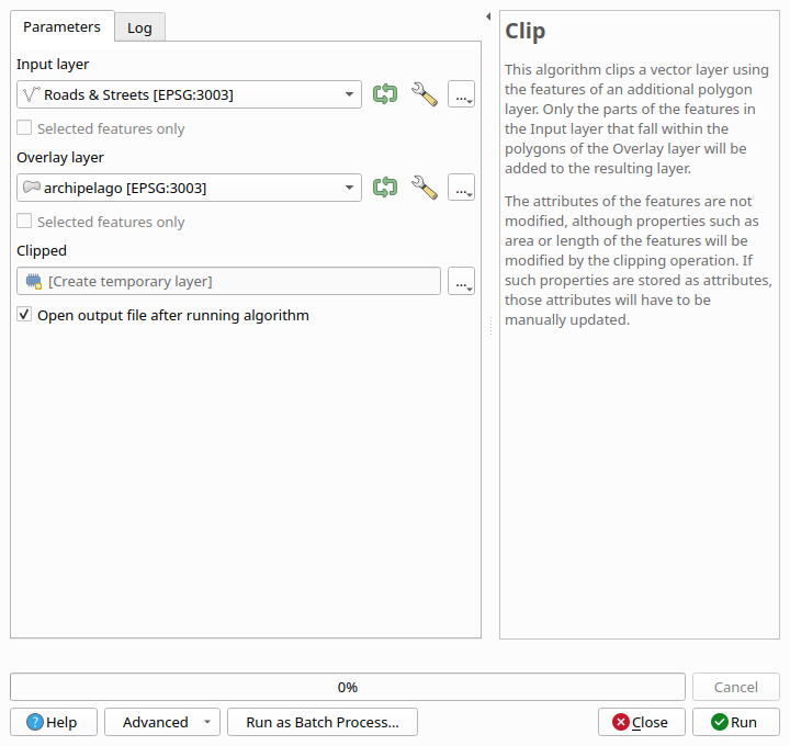 The Clip tool with the input layer and the clip polygon set