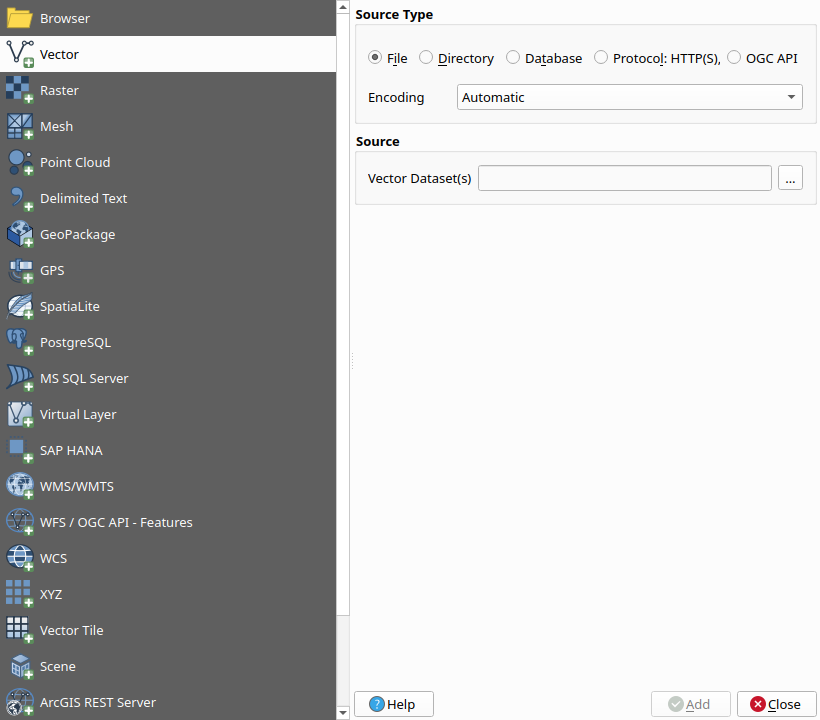 The Data Source Manager: choose Vector or Raster on the left, then browse to the file