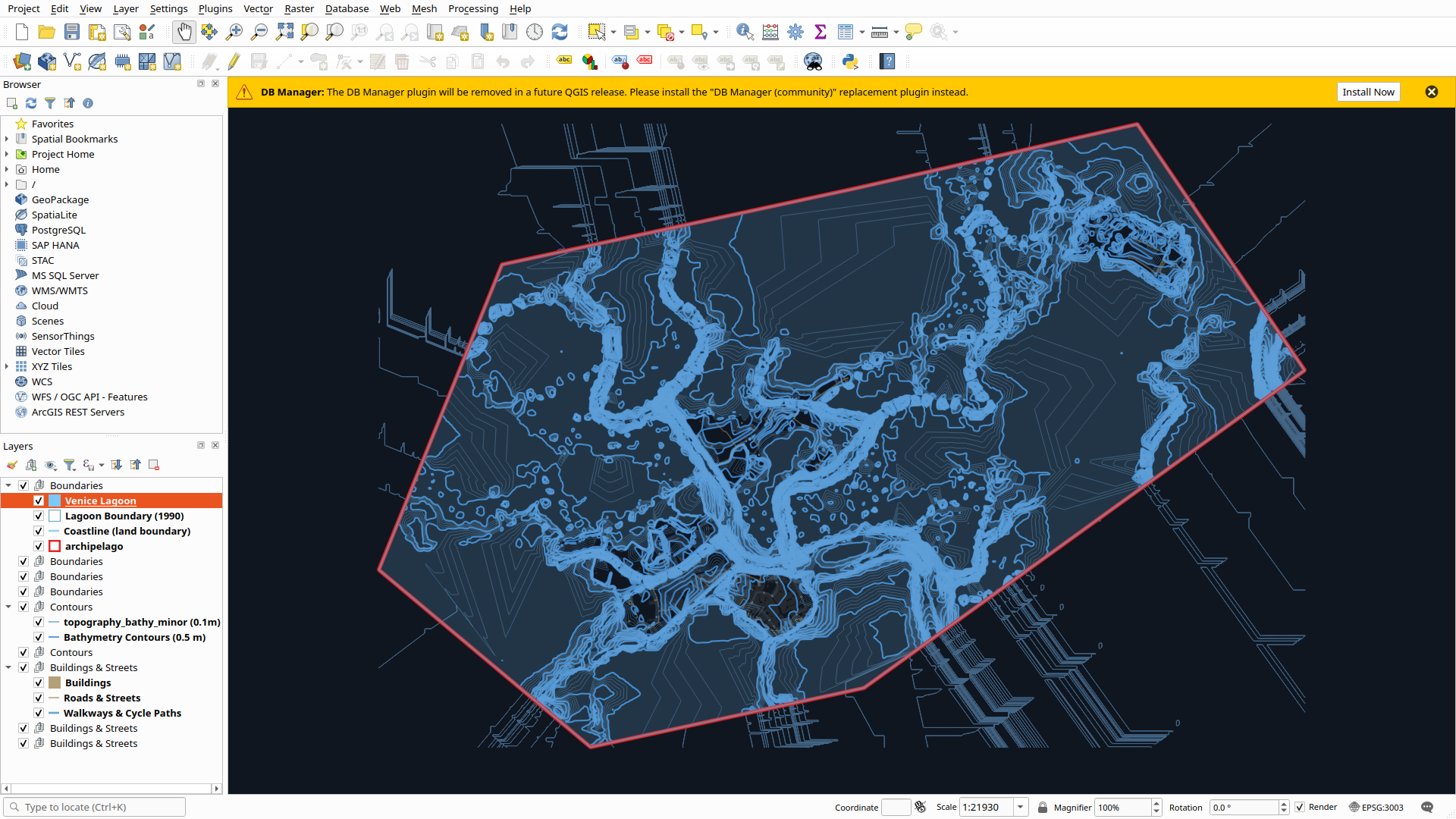 The Venice lagoon project open in QGIS, showing bathymetric contours, buildings, and the northern archipelago