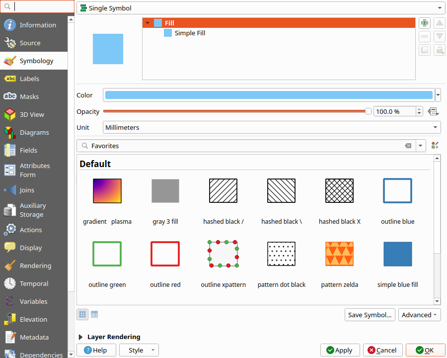 The Symbology tab with the Single Symbol renderer, fill color, and stroke settings